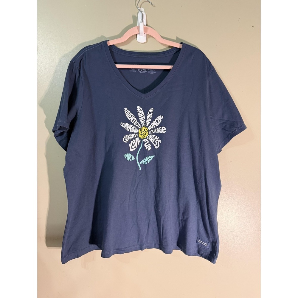 Life Is Good T-Shirt Womens XXXL Blue Floral Graphic V-Neck Relaxed Jersey